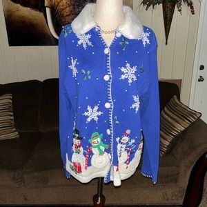 Victoria Jones • Snowman • Medium • Blue/White • Beaded • Embroidery • Sweater